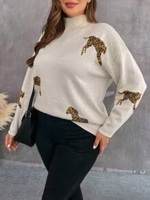 SHEIN Franclia 加大碼動物圖案高領下垂肩毛衣套頭衫 - 杏色 - 查看 4