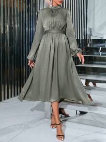 GENKIRA Mock Neck Lantern Sleeve Dress Without Belt - Army Green - View 5