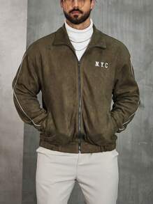 Manfinity Homme 寬鬆男款反光字母刺繡落肩夾克 - 綠色 - 查看 3