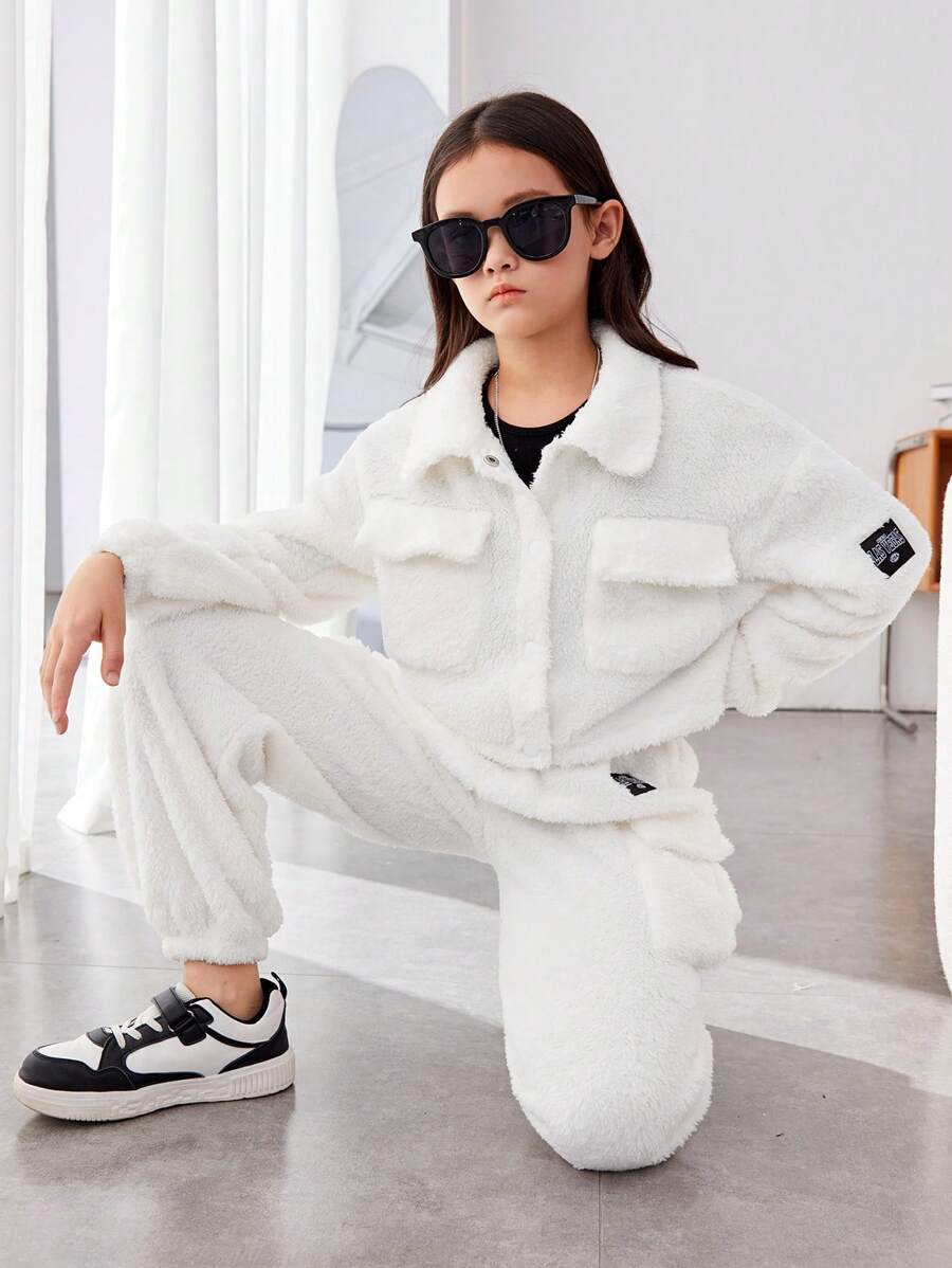 SHEIN 2pcs/Set Tween Girls' Fashionable Street Style Solid Color Double-Sided Velvet Outfit - White - View 1