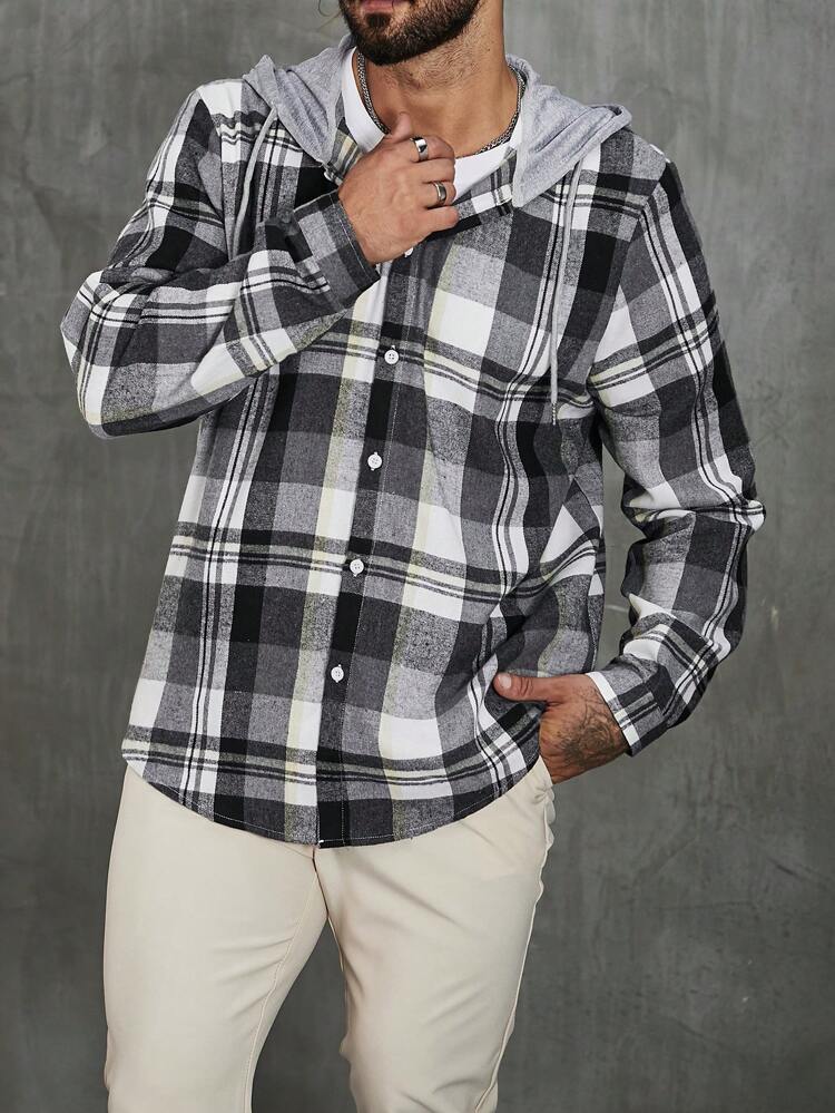 Men Plus Plaid Print Drawstring Hooded Shacket