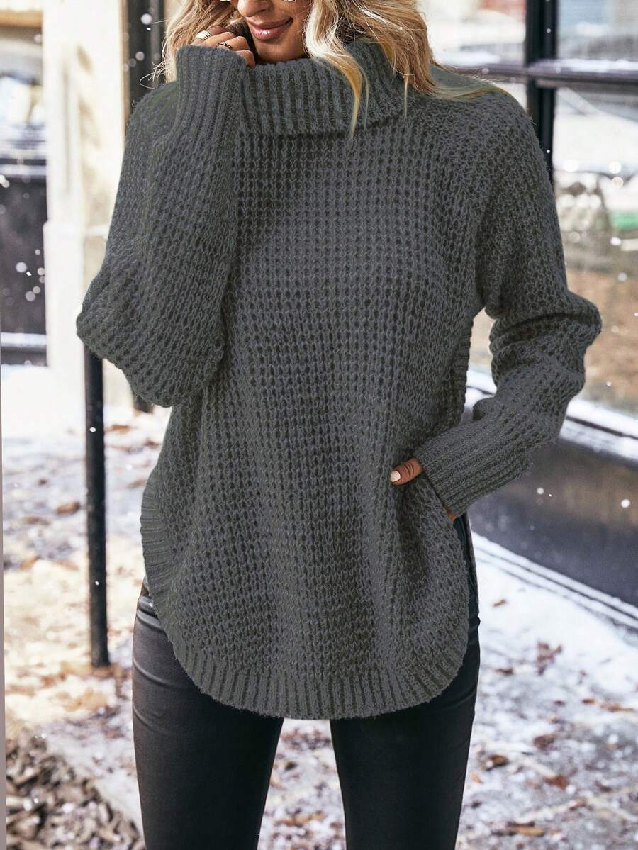 SHEIN LUNE Women's High Neck Waffle Knit Sweater - Dark Grey - View 1