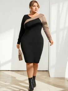 SHEIN Privé 簡約修身顏色拼接大尺碼連衣裙 - 黑色 - 查看 5