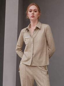 SHEIN Essnce 素色前紐扣拼接邊T恤和褲子 - 杏色 - 查看 5