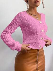 SHEIN Unity 女裝純色下肩釦前開衫毛衣 - 西瓜粉 - 查看 5