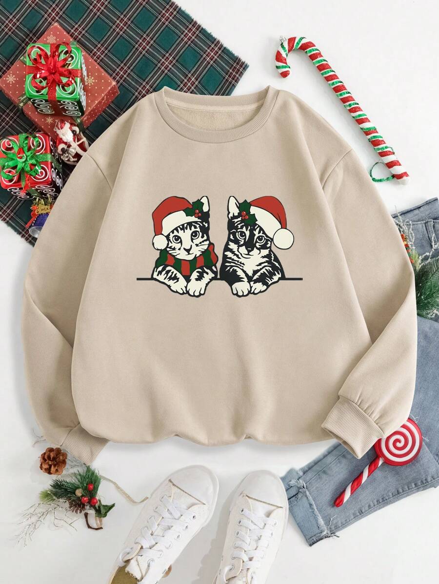 SHEIN EZwear 聖誕節貓咪印花保暖連帽衫 - 杏色 - 查看 1