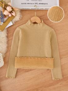 SHEIN Little Young Girls Sweater With Frilled Detail - Khaki - View 1