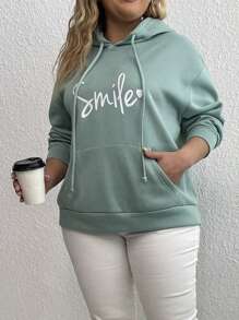 SHEIN LUNE Plus Size Letter Graphic Kangaroo Pocket Drop Shoulder Drawstring Sweatshirt Thermal - Green - View 3