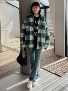 FRIFUL 女式格紋落肩羊毛外套 - 綠色 - 查看 5