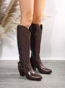 女性棕色的過膝V形騎士靴子,復古高西部風格尖頭牛仔長款靴子適用於2023秋冬 - 棕色 - 查看 5