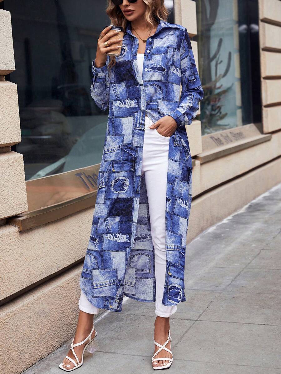 SHEIN LUNE 色塊拼接圖案前紐扣襯衫洋裝 - 藍色 - 查看 1