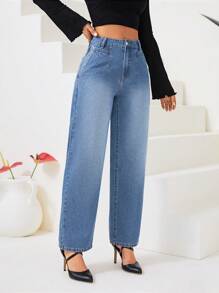 SHEIN Privé 直腳牛仔褲 - 中等水洗藍 - 查看 3