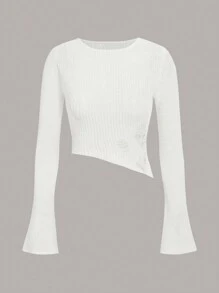 SHEIN ICON 女款單色不對稱下擺毛衣,帶有磨損細節 - 白色 - 查看 1