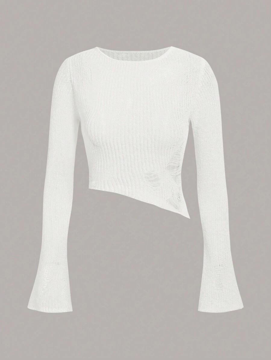 SHEIN ICON 女款單色不對稱下擺毛衣,帶有磨損細節 - 白色 - 查看 1