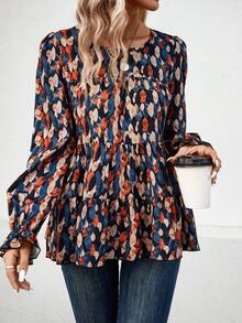 SHEIN LUNE Camisa De Muñeca De Manga Con Volantes Y Estampado Integral De Hojas Para Damas - Multicolor - Ver 6