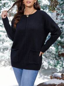 SHEIN LUNE Plus Drop Shoulder Pocket Patched Sweater - Black - View 6
