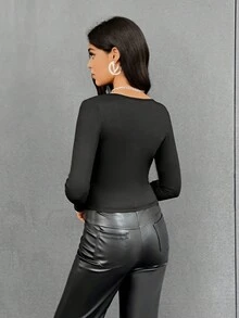 SHEIN Essnce Women's Round Neck Tee With Front Zipper - Black - View 2