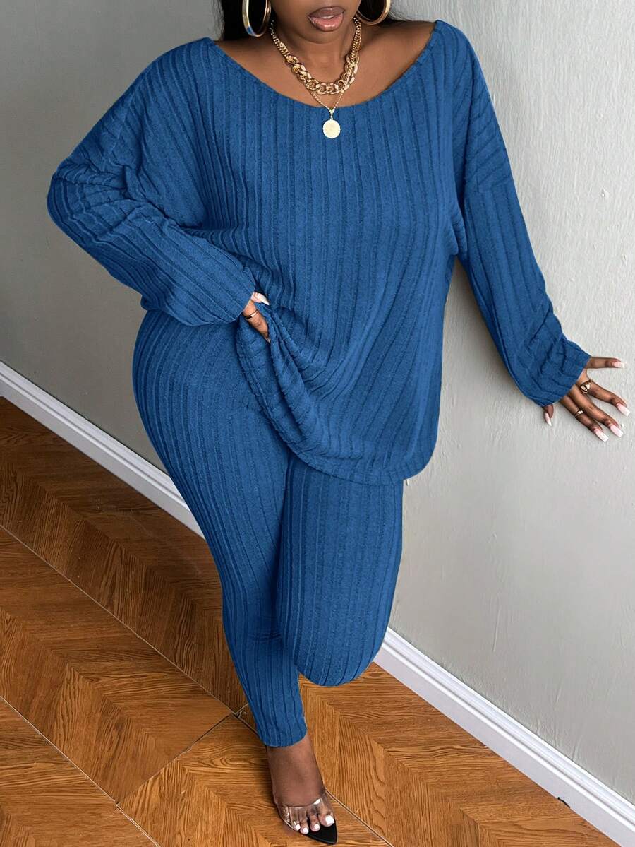 Slaydiva Plus Drop Shoulder Twist Back Tee & Leggings - Royal Blue - View 1