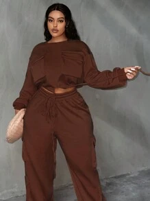 Slaydiva Kích thước lớn Hem Dây rút Hoodie Và Quần thể thao Bộ - màu nâu - Xem 4