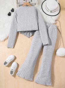 2 cái/bộ Thiếu niên Cô gái Tay áo dài Áo thun Và Quần - Xám - Xem 2