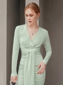 Chiquease Pleated Light Blue Knit Dress Fall Cloth For Women - Baby Blue - View 5