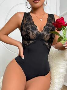 Body fajas con encaje en contraste ribete en abanico - Negro - Ver 5