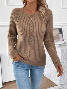 EMERY ROSE Round Neck Sweater With Raglan Sleeve - Khaki - View 3