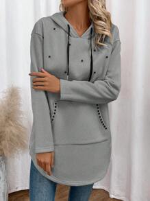 EMERY ROSE Hooded Sweatshirt With Embellished Details, Kangaroo Pocket And Drawstring - Grey - View 6
