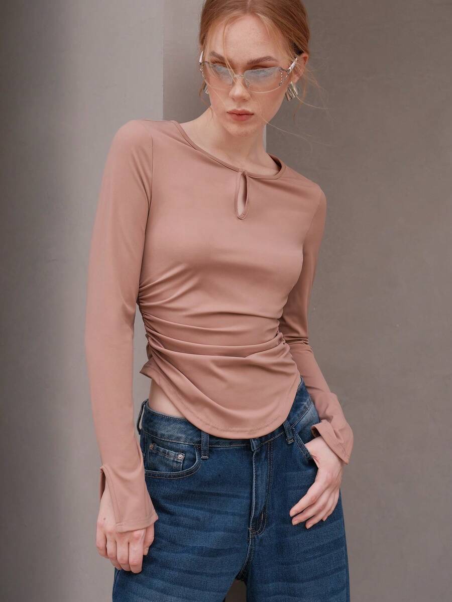 Anewsta Camiseta de cuello con abertura de ojo fruncido - Gris - Ver 1