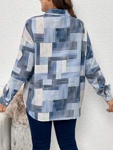 SHEIN LUNE Plus Size Loose Fit Floral Printed Drop Shoulder Sleeve Shirt - Blue - View 2