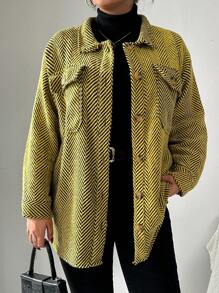 RueChic Plus Herringbone Print Drop Shoulder Coat - Mustard Yellow - View 4