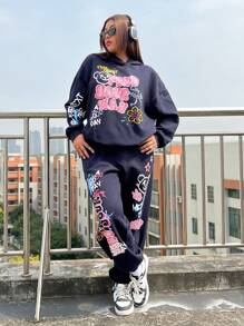SHEIN EZwear Plus Letter Graphic Drop Shoulder Hoodie & Sweatpants - Navy Blue - View 5