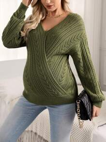 SHEIN Maternity Wrap Neck Drop Shoulder Sweater, For Winter - Army Green - View 5