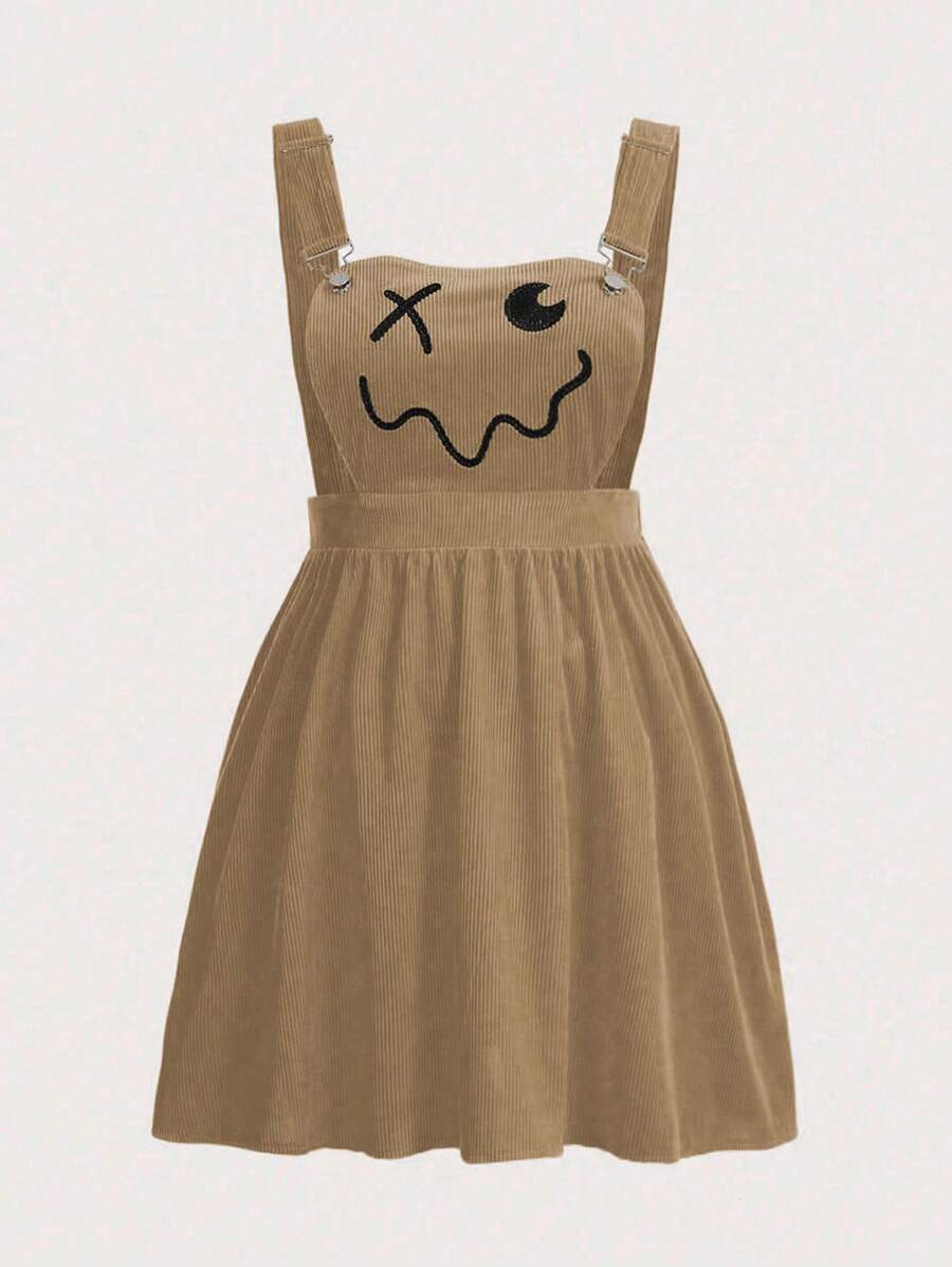 SHEIN Qutie Plus Cartoon Embroidered Overall Dress - Apricot - View 1