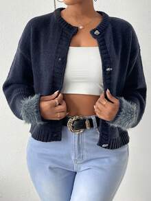 SHEIN Slayr 毛茸茸袖口落肩袖開襟衫 - 藏蓝色 - 查看 3