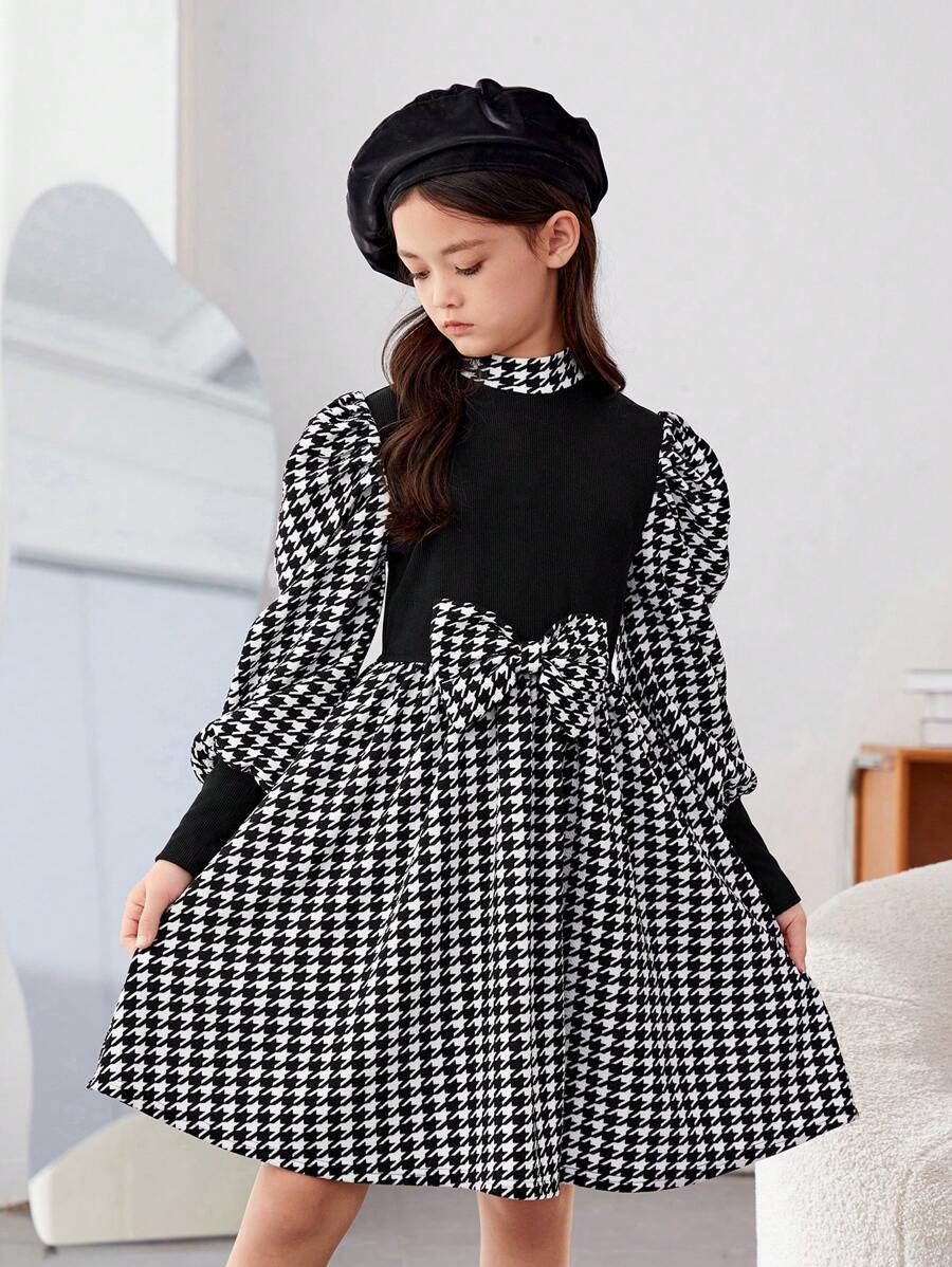 SHEIN Cô gái Tween In Houndstooth Cổ giả Ống tay áo Nơ mặt trước Đầm - màu đen - Xem 1