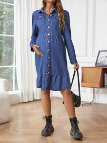 SHEIN Vestido De Mezclilla De Maternidad Con Dobladillo De Volante Y Cuello De Camisa