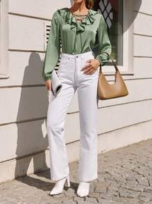 RueChic Lace Up Front Ruffle Trim Lantern Sleeve Satin Blouse - Army Green - View 3