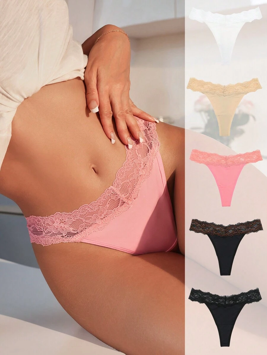 SHEIN 5 cái Của phụ nữ Ren Vá lại Quần lót Thong - Nhiều màu - Xem 1