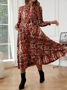 SHEIN Maternity Allover Print Belted Dress - Multicolor - View 1