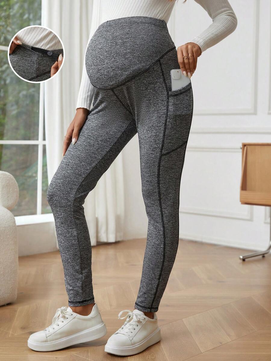 SHEIN 適用於運動和日常穿著的可調式中/高腰襯裡緊身褲,附有手機口袋 - 深灰色 - 查看 1