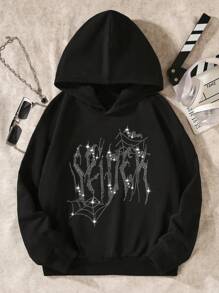SHEIN Sudadera con estampado de telaraña de cristal para adolescentes - Negro - Ver 1