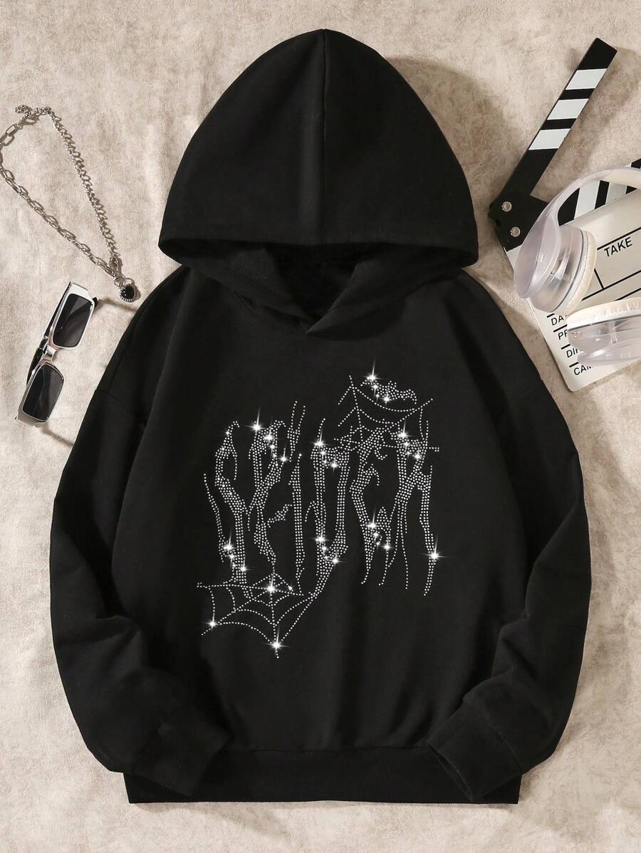 SHEIN Sudadera con estampado de telaraña de cristal para adolescentes - Negro - Ver 1