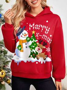 SHEIN LUNE Lỏng lẻo phù hợp Mẫu giáng sinh Thả vai Hoodie - Đỏ - Xem 4