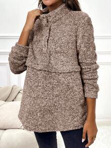 SHEIN Maternity Half Button Placket Teddy Nursing Sweatshirt - Khaki - View 5