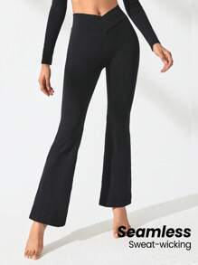 Lifespree 女士交叉腰喇叭運動褲 - 黑色 - 查看 1