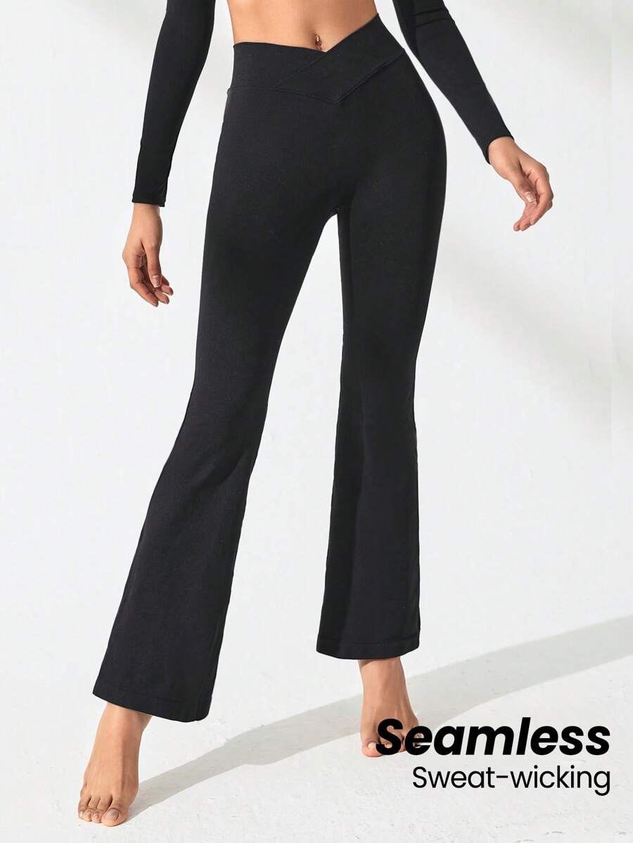 Lifespree 女士交叉腰喇叭運動褲 - 黑色 - 查看 1