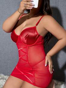 Sexy Mesh Lingerie Mini Dress + Thong - Red - View 5