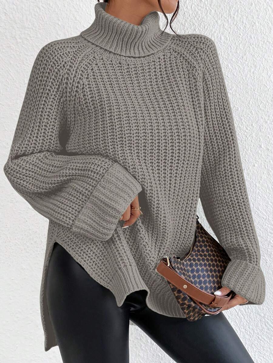 EURMUSE Turtleneck Raglan Sleeve Split Hem Sweater - Grey - View 1