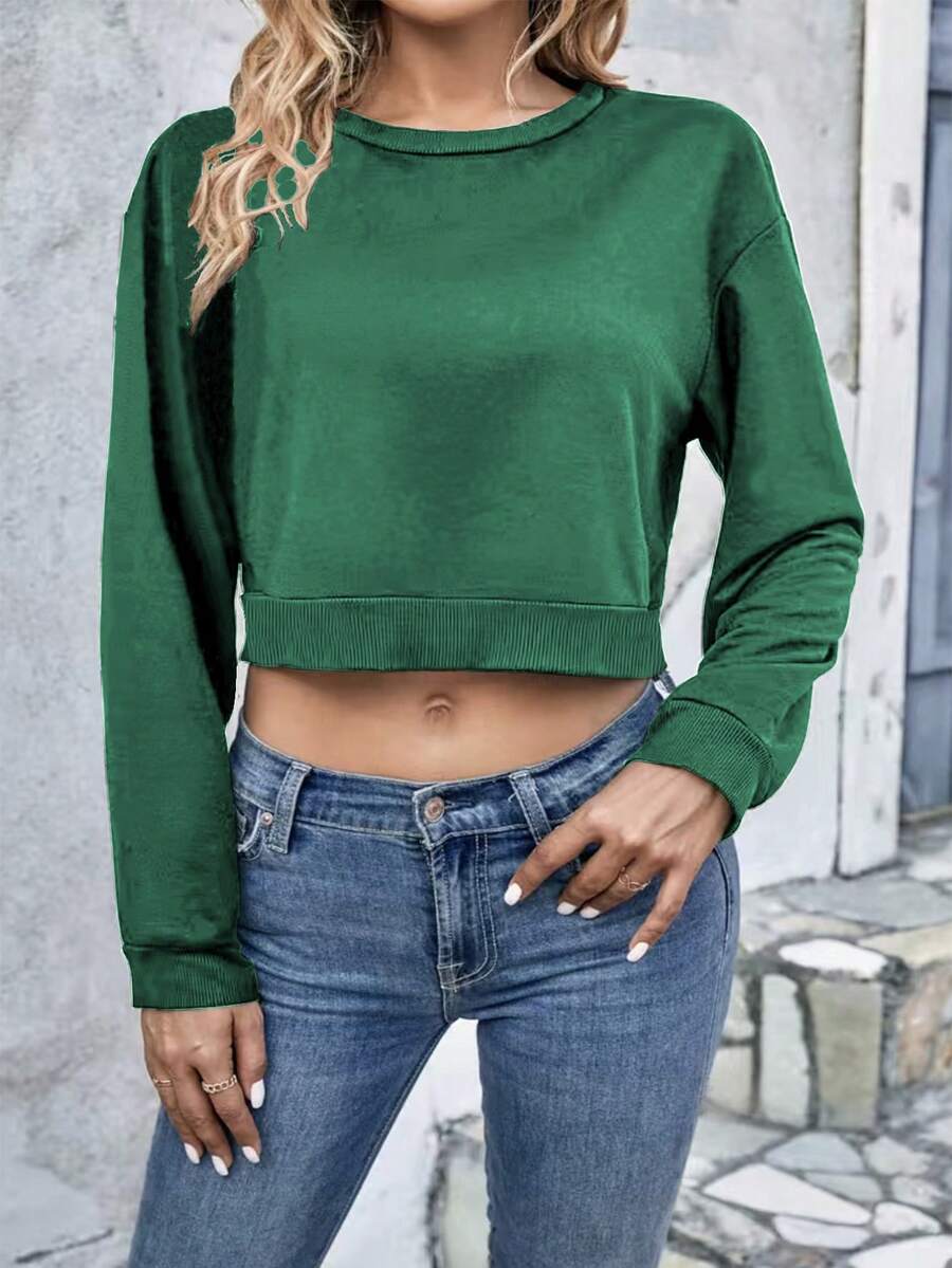 SHEIN EZwear Ladies' Solid Color Drop-shoulder Cropped Sweatshirt - Dark Green - View 1